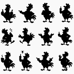 Cartoon Rooster Silhouette Set  Funny Chicken Mascot Characters in Various Poses Vector Illustration.eps © md