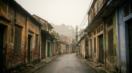 Fototapeta premium Empty narrow street in old southeast asian neighborhood with weathered brick building at dawn representing travel destination concept with hazy sky