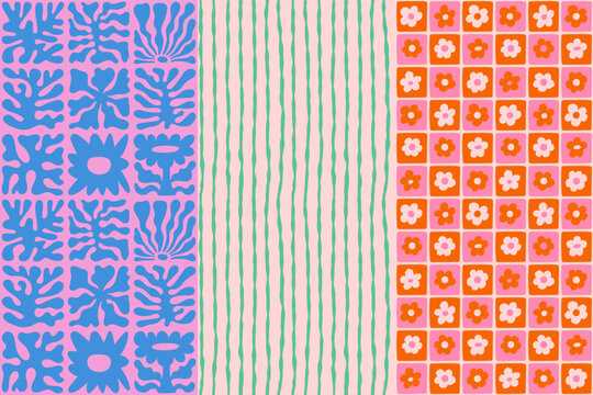 Vector hand drawn seamless pattern in simple doodle sketchy floral wavy and groovy naive style, dopamine and cottage core aesthetic, abstract blooming stationery