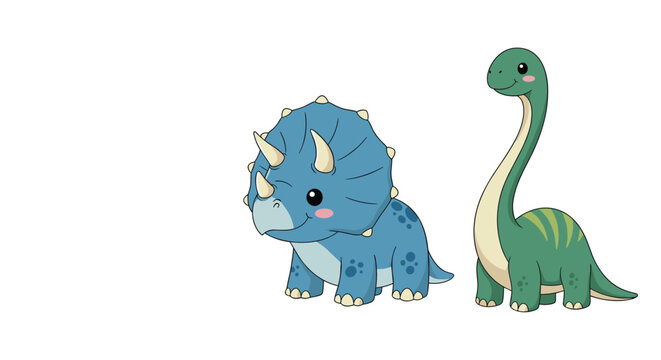 Two cute cartoon dinosaurs including a blue triceratops and a green long neck brontosaurus isolated on a white background.