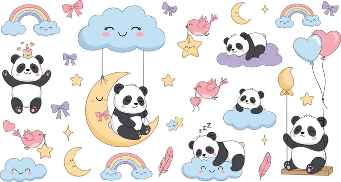 Cute baby panda vector illustration set with sleeping bears on clouds crescent moon swing rainbows birds and nursery design elements