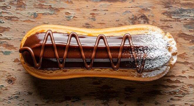 Fresh chocolate eclair with icing on a wooden table