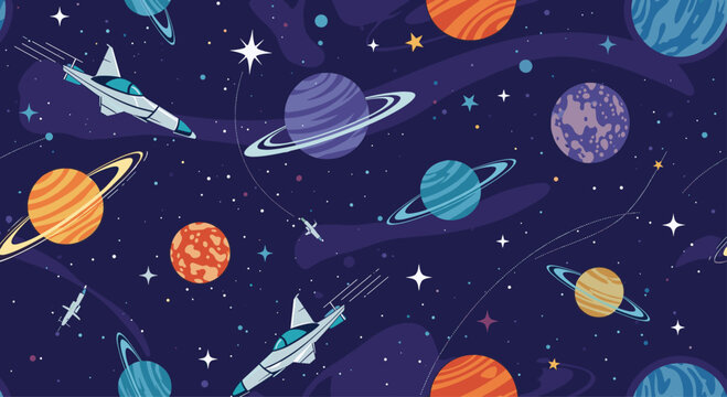 Vibrant seamless pattern of outer space featuring colorful planets, stars, and futuristic spaceships flying through the dark universe.