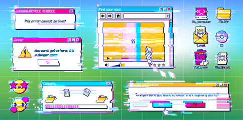 Obraz na płótnie Canvas Y2K style glitch window with retro pixel error message. Digital system interface with classic 90s software design, internet icons, and nostalgic UI elements, vector illustration