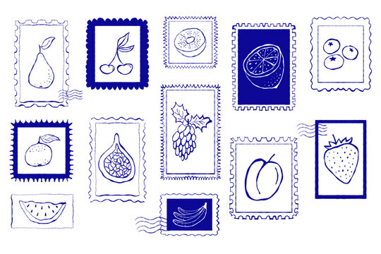 Food stamp post set. Italian style vacation hand drawn post stamps. Summer Italy holidays elements for poster, placard or postcard prints. Vector.