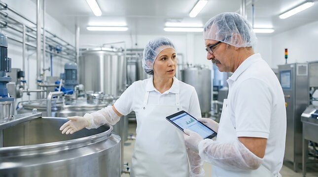 Female engineer and male supervisor in hairnets and aprons discussing quality control by large stainless steel machine vat at food plant