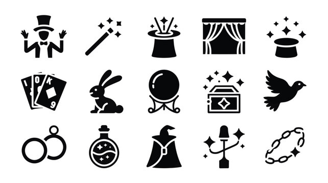 Set of 15 Black Magic Show Entertainment Vector Icons