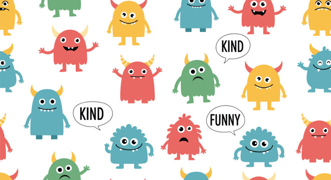 Colorful friendly monsters with kind and funny speech bubbles seamless pattern on white for children positive messaging themes.