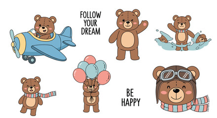 Fototapeta premium Adorable brown bear character collection including pilot sailor and traveler themes for nursery decor and kids adventure stories.