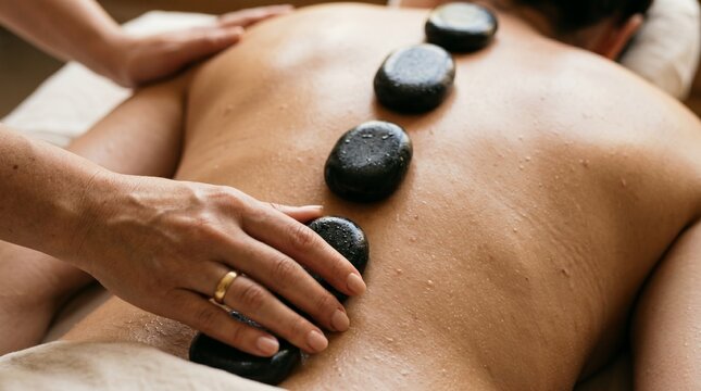 Close up hot stone massage with therapist hand and gold ring on bare back warm lighting