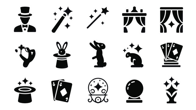 Set of 15 Black Magic Show Entertainment Icons Vector