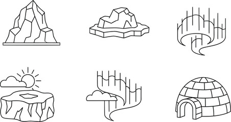 Set of black and white arctic icons featuring mountains icebergs aurora and igloo elements © Simu Store