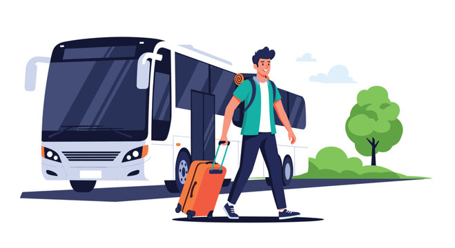 Young man with a suitcase and backpack walking away from a white travel bus on a sunny day to start his holiday adventure.