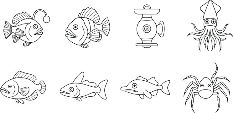 Set of cute sea animals and fish characters in black and white line drawing style