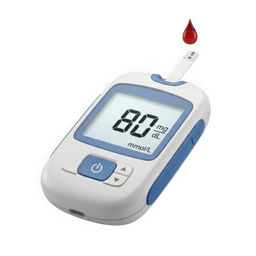 Digital blood glucose meter with test strip and blood drop