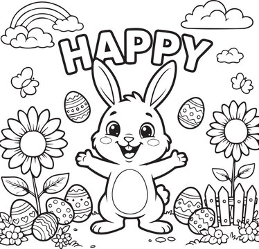 Happy easter bunny coloring page line art for kids with eggs, flowers, clouds, butterflies and rainbow in spring.