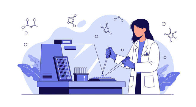 Scientist working in laboratory with DNA sequencing machine and test tubes
