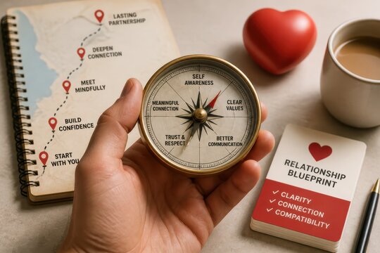 Relationship blueprint concept with compass in hand and mindfulness notes for self awareness connection and healthy communication at home