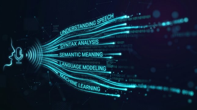 Natural language processing visualization with human face and microphone understanding speech syntax analysis and machine learning concepts