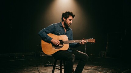 Obraz premium Acoustic guitar player in denim shirt seated on stool under warm spotlight on dark stage