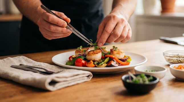 chef plating seafood and vegetable dish with tweezers on wooden table