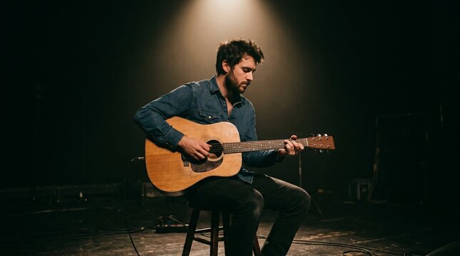 Acoustic guitar player in denim shirt seated on stool under warm spotlight on dark stage