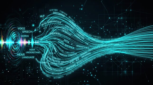 Natural language processing visualization with glowing blue lines and binary code on dark background
