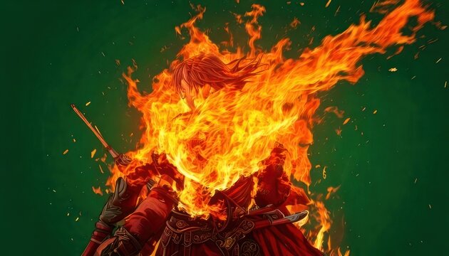 Intense Inferno - A Figure Engulfed in Flames Against a Green Backdrop.