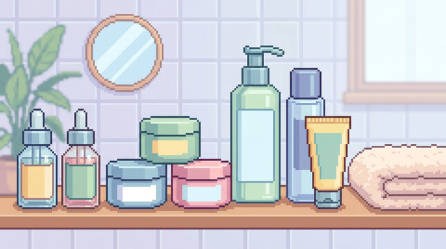 Generic 32-bit pixel art skincare bottles, serum dropper, cream jar, cleanser bottle, and cosmetic tube.