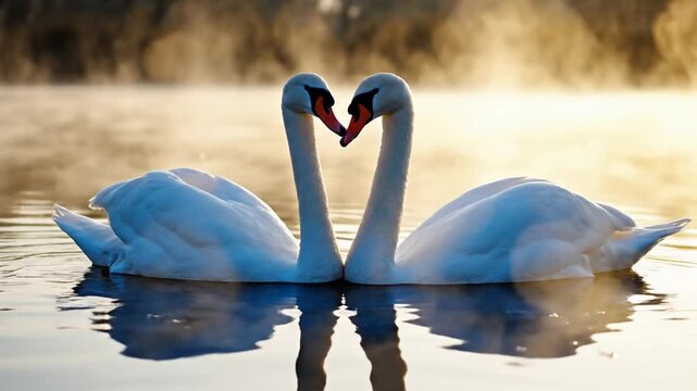 Two swans forming heart shape on calm water surface romantic scene