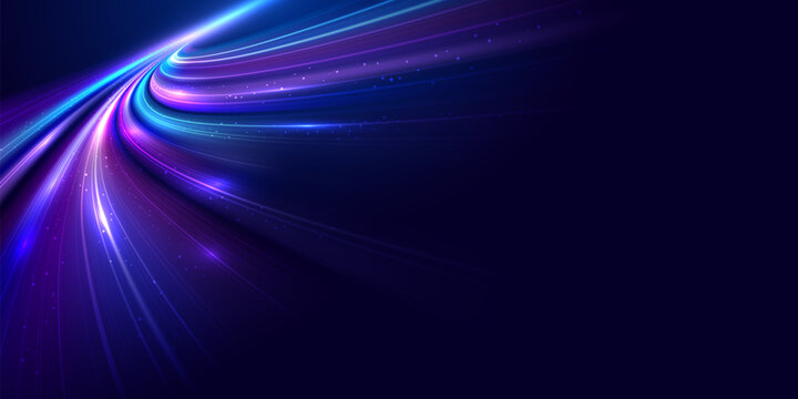 Futuristic glowing light trail background with flowing neon data lines, digital motion, and abstract cyber technology on dark blue copy space vector illustration.