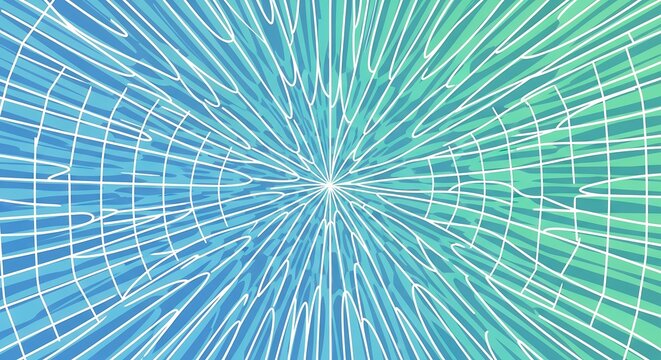 Abstract Blue and Green Radial Tunnel Background with White Geometric Lines and Web Pattern