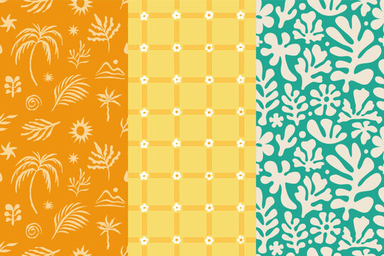 Vector hand-drawn seamless patterns set in a naive abstract art style with sketchy wavy. Playful coastal-inspired designs featuring ocean waves, tropical palm elements, surf vacation vibes