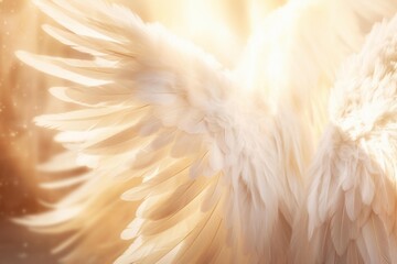 Fototapeta premium White feathered angel wings illuminated by a bright, ethereal golden glow