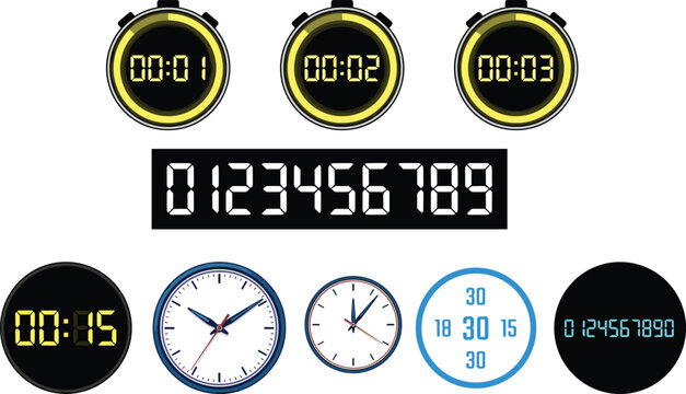 Digital and Analog Clock Collection Vector Illustration Set Featuring Stopwatch Timer Countdown Wall Clock and Electronic Time Display Designs