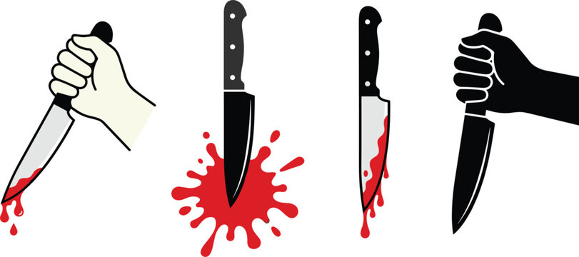 Horror Bloody Knife Collection with Slasher Hand Gestures and Creepy Halloween Weapon Icons Vector Illustration Set
