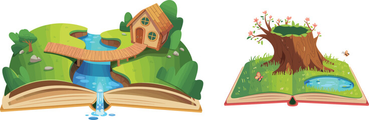 Obraz premium Vector illustration of open storybooks with magical pop up landscapes featuring a small house river and large tree trunk
