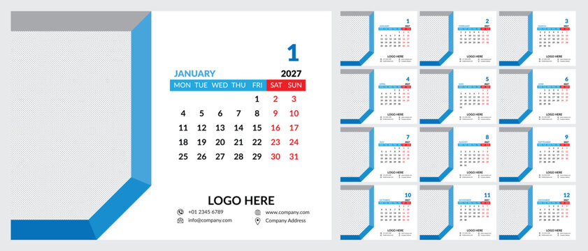 Business calendar template for year 2027 with blank logo space