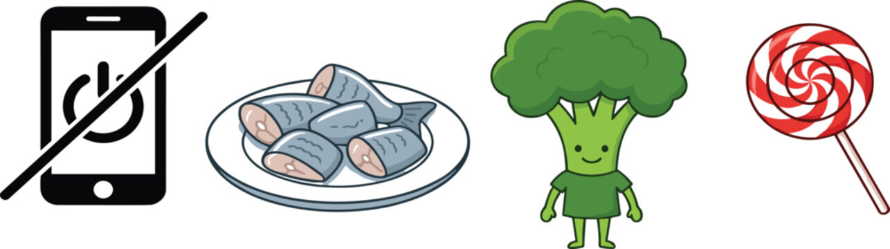 Healthy Lifestyle and Food Icons with Broccoli, Fish, Candy, and Phone Symbol