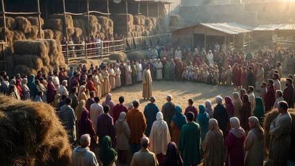 Obraz premium A grand public biblical moment centered on a holy figure standing before keepers, farmers, women, children, and elders assembled near communal fodder stores in a moment of solemn attention + livestock