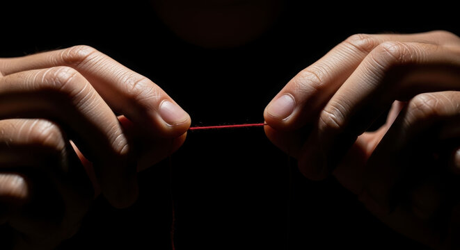 Red Thread Between Hands in Dark Conceptual Scene