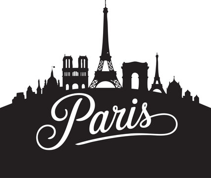 A black silhouette of Paris city skyline with Eiffel Tower and the word Paris written in white cursive font