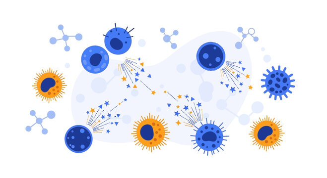 Immune System Cells Fighting Viruses and Bacteria, Immune Response, Medical Illustration