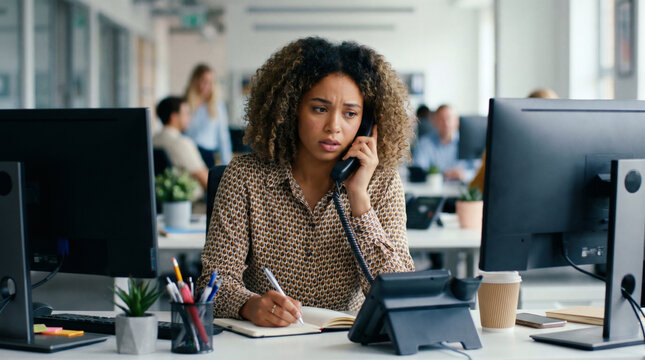 female office worker making phone call and taking notes at desk