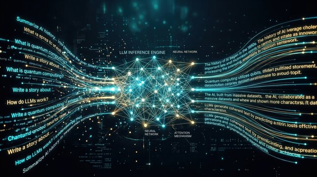 Large language model inference engine with neural network connections and data streams in a futuristic digital environment