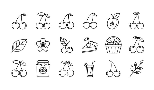 Minimalist black and white cherry fruit line art icon set with modern monoline vector symbols