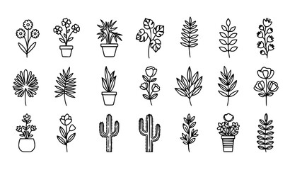Fototapeta premium Abstract minimalist flower and plant outline vector icons with clean botanical line art