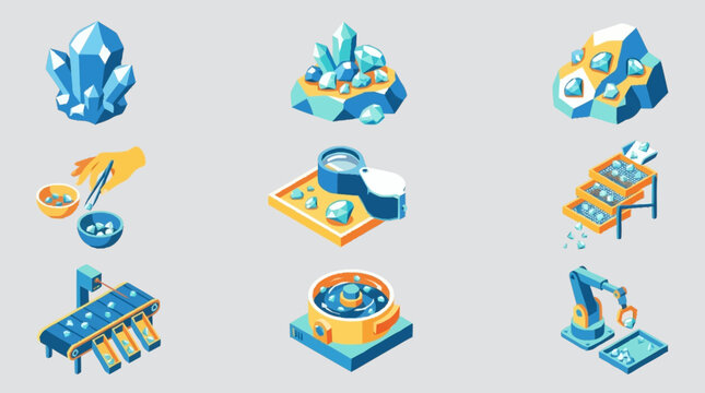 Set of isometric icons representing mining and gemstone processing stages.