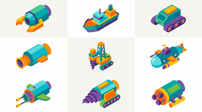 Collection of isometric 3D rendered vehicles and machines in a flat design style.