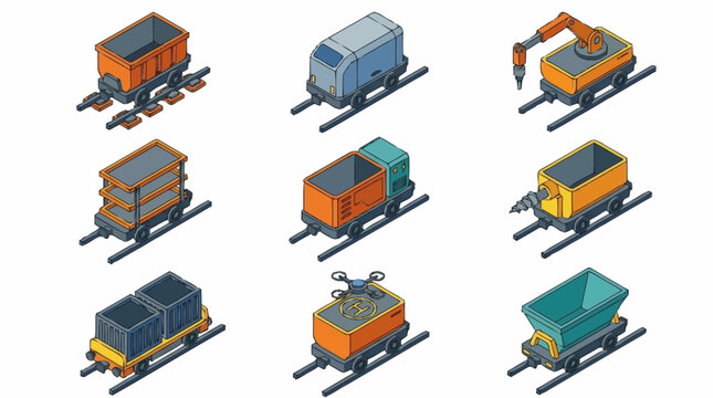 Collection of isometric industrial mining carts and wagons on railway tracks.